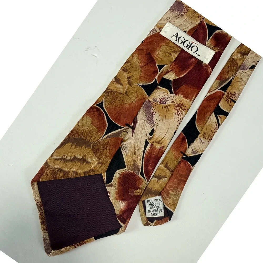Aggio Floral Silk Tie Mens Rust Gold Orchid Print Classic Wide Fall Warm Autumn